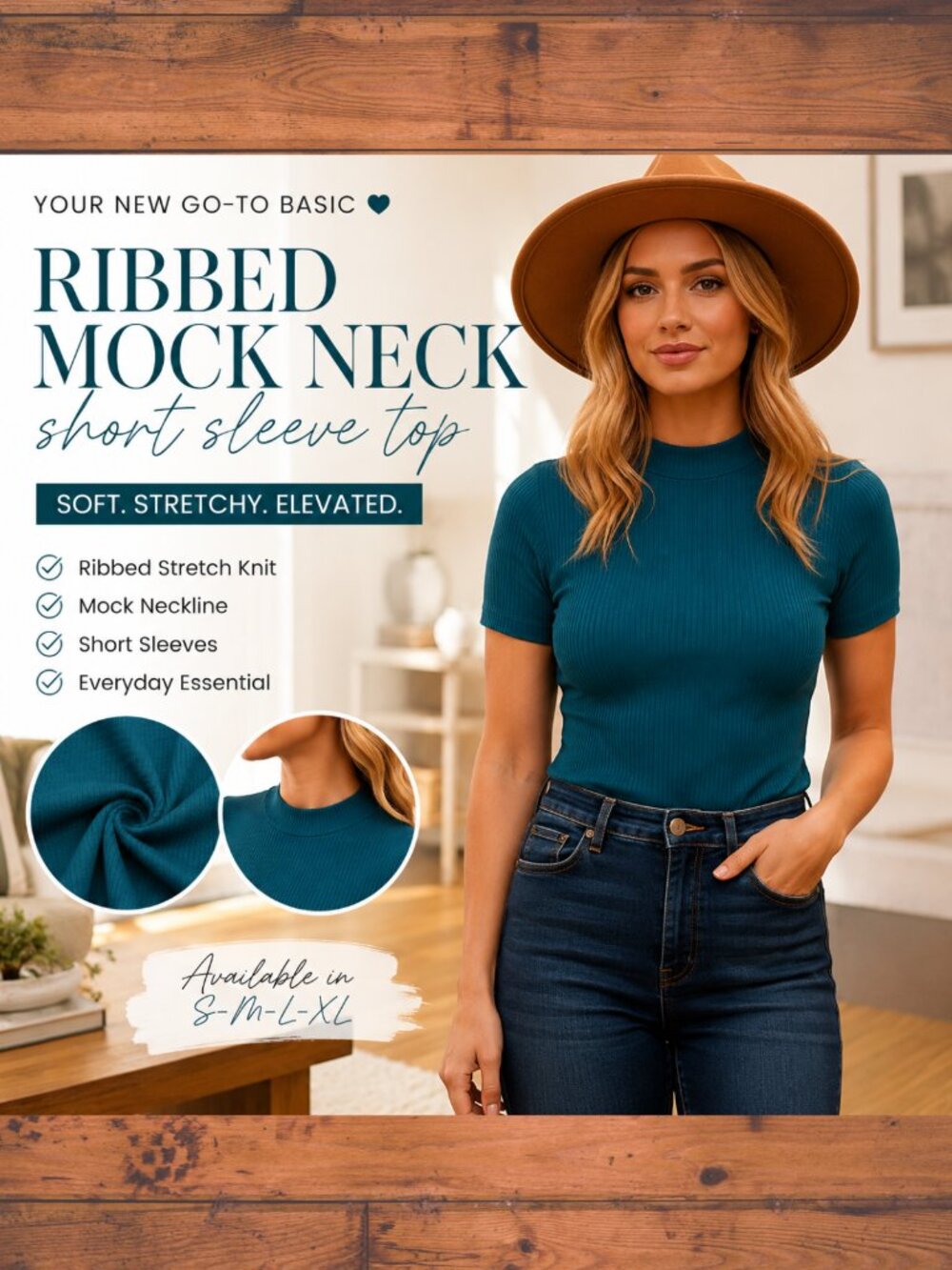 Timing Teal Ribbed Mock Neck Tee | Stretch Short Sleeve Basic Top‎